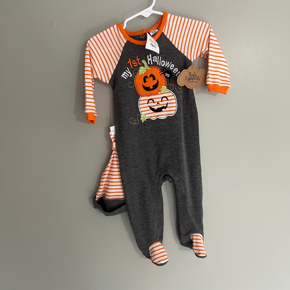 Baby Essentials My 1st Halloween Grey Waffle Knit Footie Hat Set 9M New